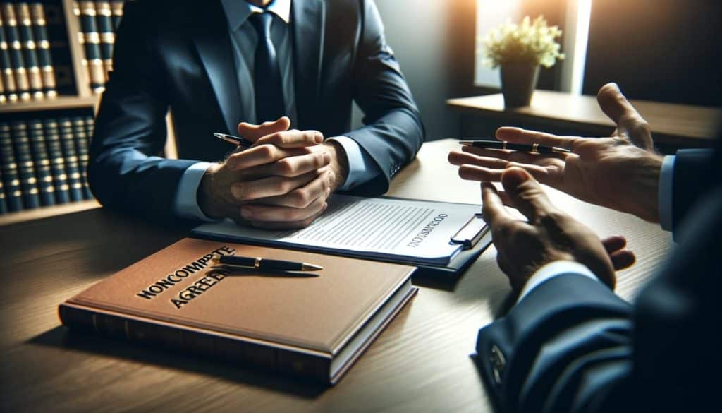 Close-up of hands of a legal professional discussing the FTC noncompete ruling with a client, interacting with legal documents or a law book titled 'NONCOMPETE AGREEMENTS'