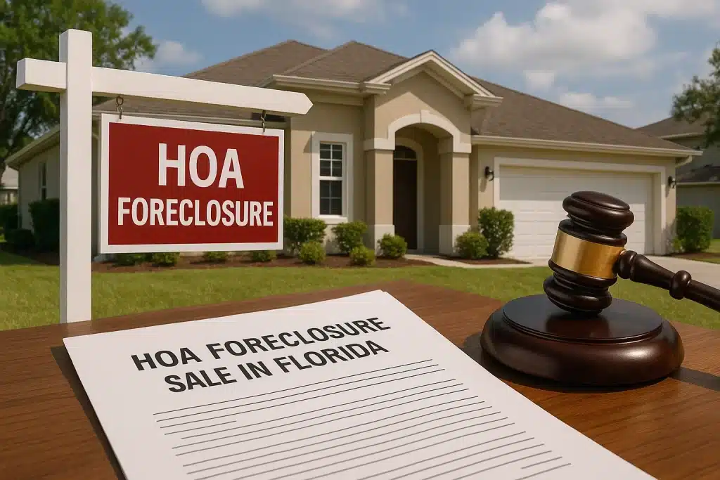 HOA foreclosure sales in Florida featuring a foreclosure auction gavel, a residential property with a foreclosure sign, and legal documents on a desk.