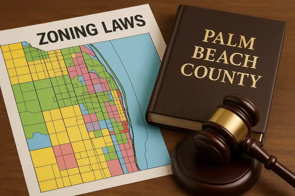 Zoning maps and commercial real estate documents on desk in Palm Beach County