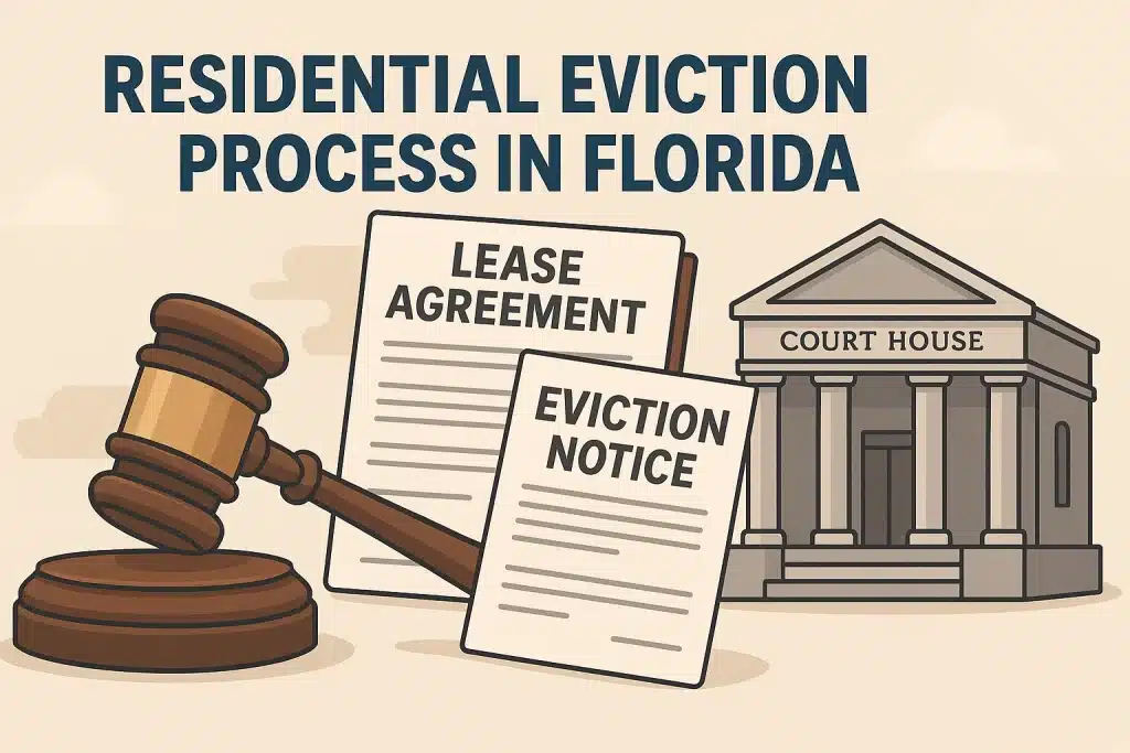 Legal eviction documents and keys representing Florida residential evictions