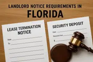 Florida residential lease termination notice documents with keys and legal symbols on desk
