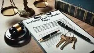 Florida residential lease termination notice documents with keys and legal symbols on desk