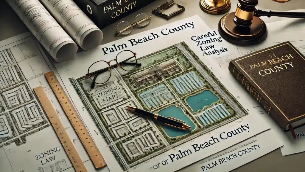 Zoning maps and commercial real estate documents on desk in Palm Beach County