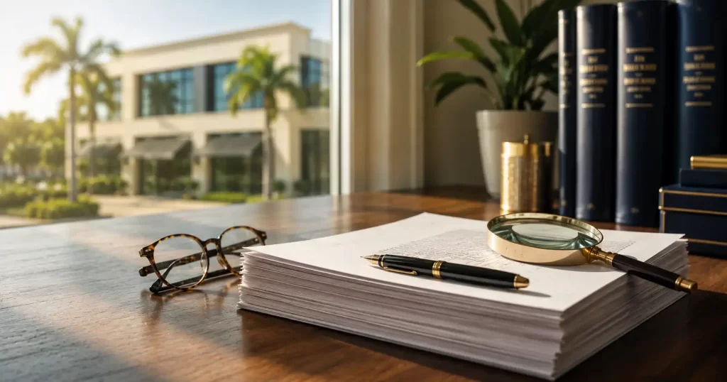 Commercial lease document, fountain pen, and reading glasses on a desk — a Florida tenant reviewing the fine print.