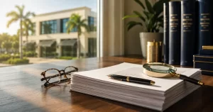 Commercial lease document, fountain pen, and reading glasses on a desk — a Florida tenant reviewing the fine print.