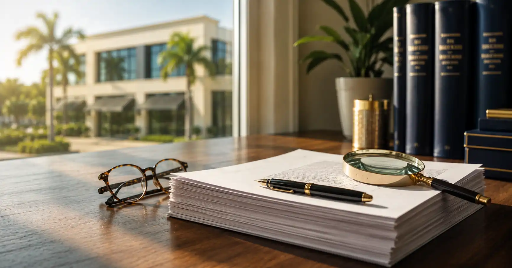 Commercial lease document, fountain pen, and reading glasses on a desk — a Florida tenant reviewing the fine print.