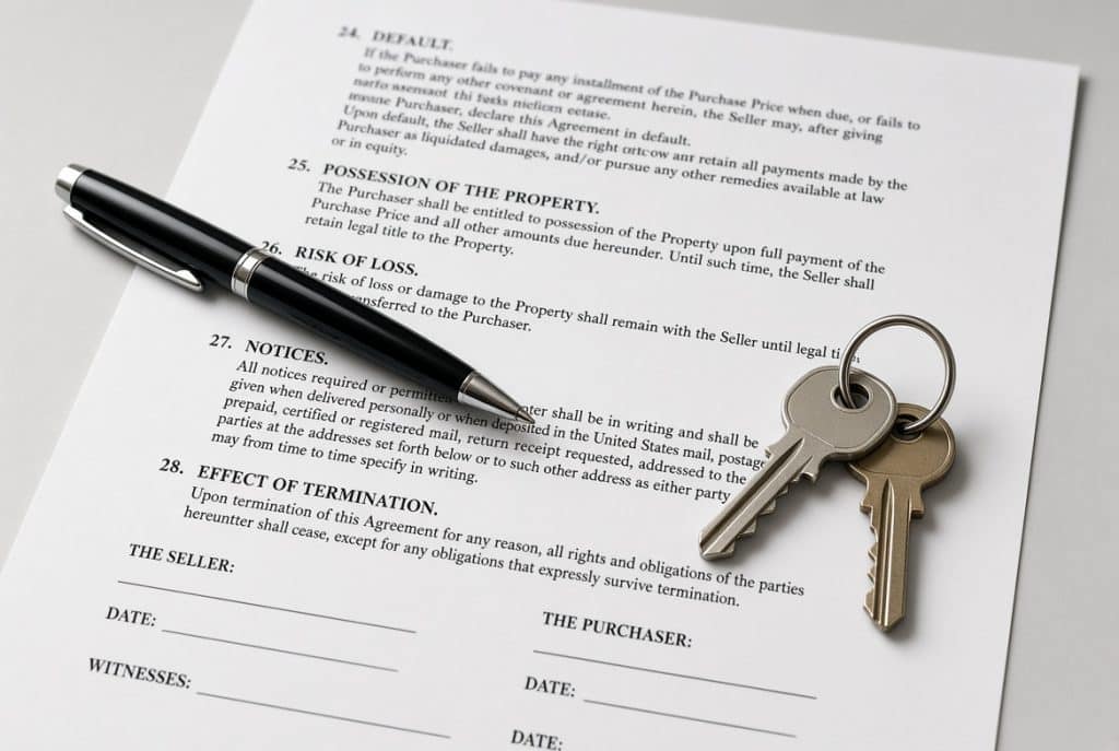 Real estate sales contract with keys and pen